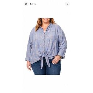 New With Tags Women's Blue Plaid Tie Front Blouse Size 2X  Casual Everyday